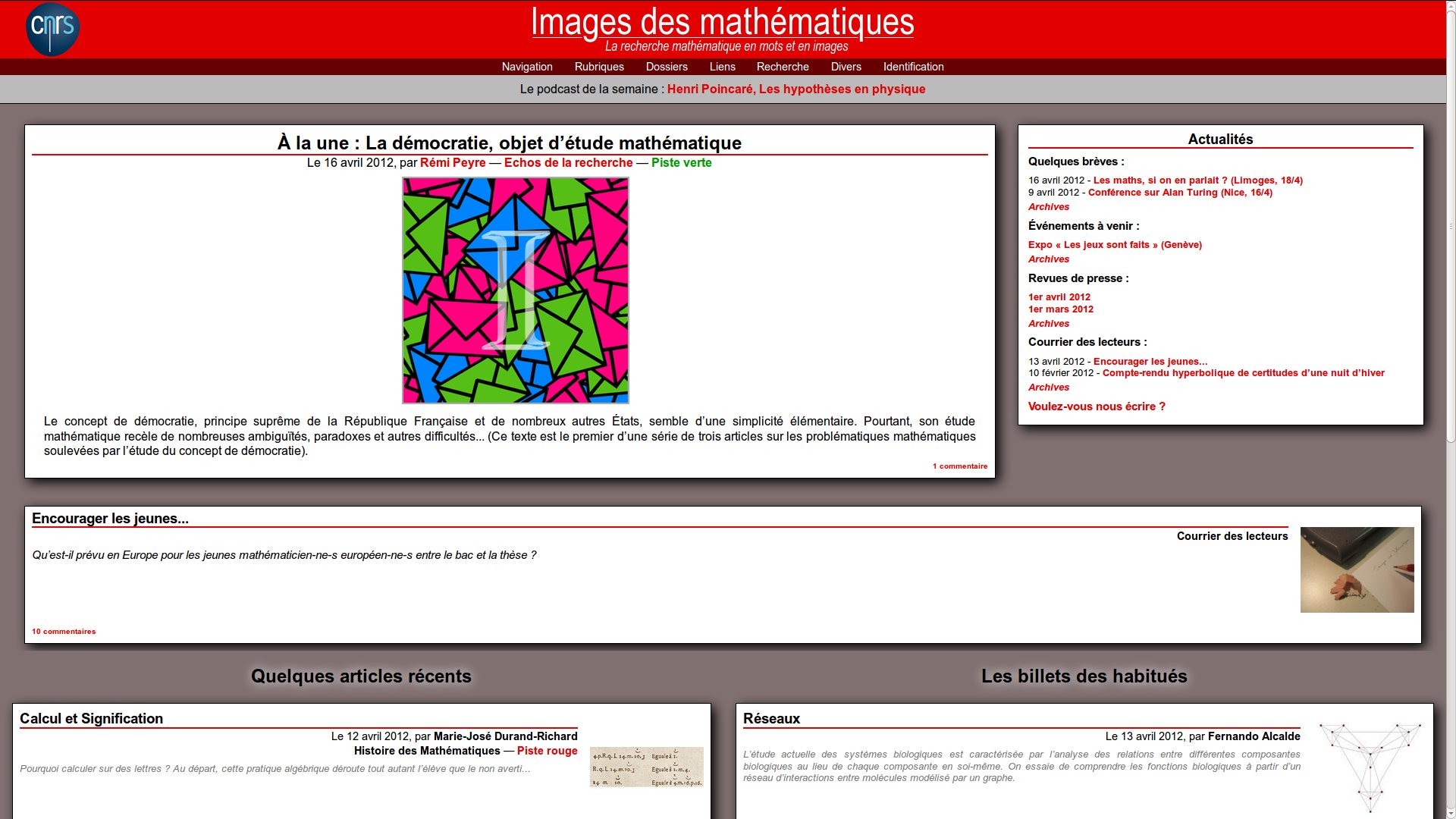 Une page d'Images des mathematiques