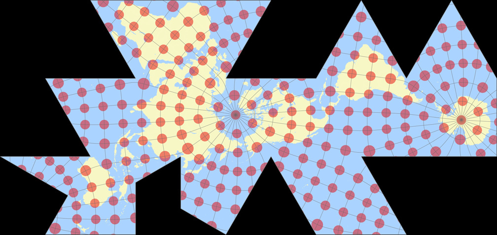 Dymaxion-like conformal projection Tissot Indicatrix