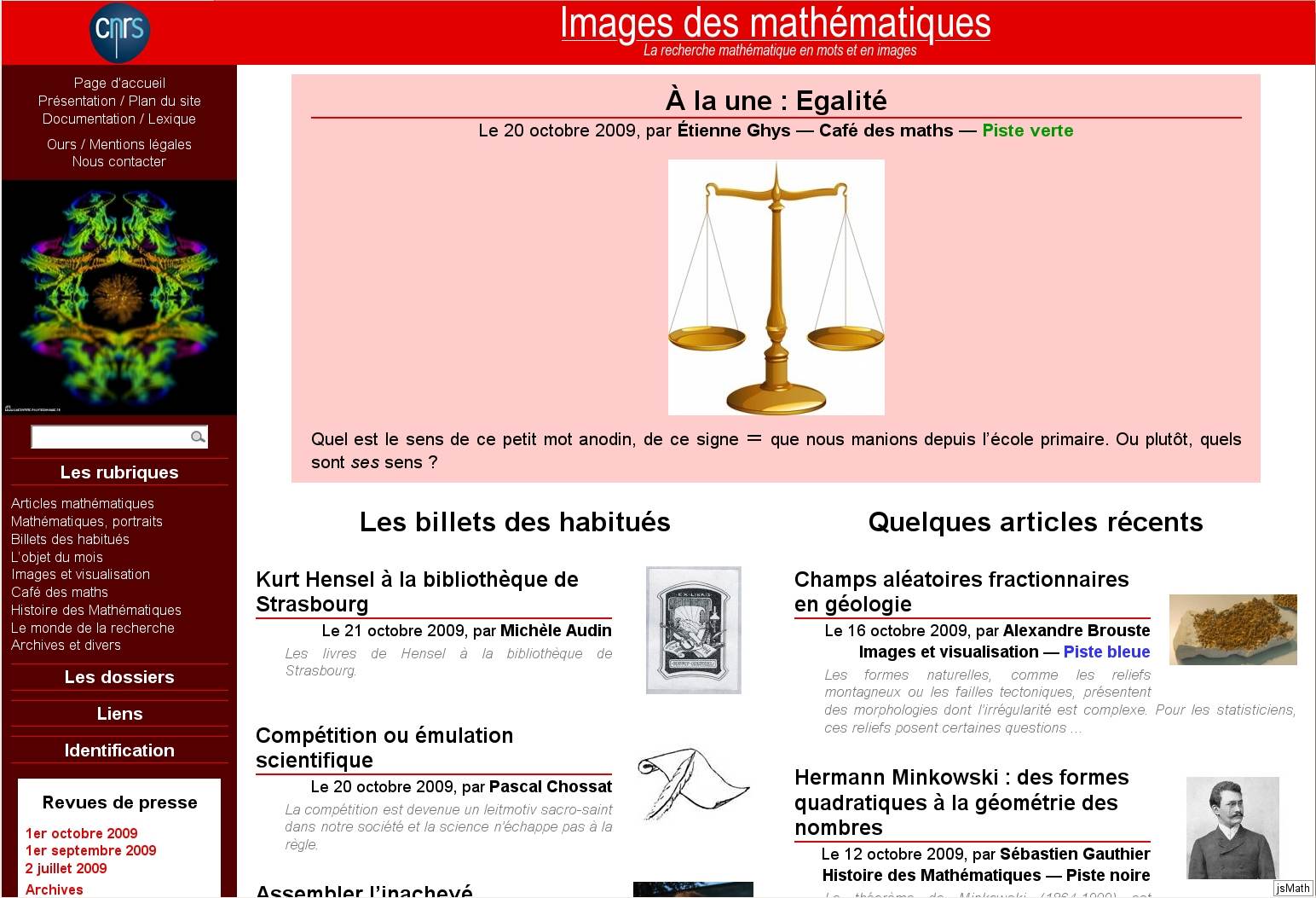 Une page d'Images des mathematiques